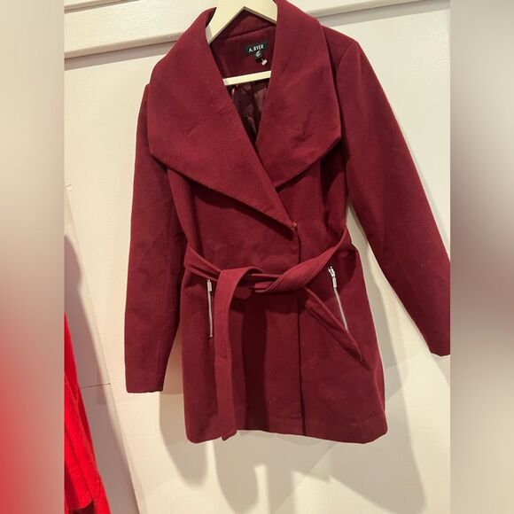 A. Byer burgundy wine peacoat trench tie waist blazer fully lined button snaps L - Picture 10 of 15